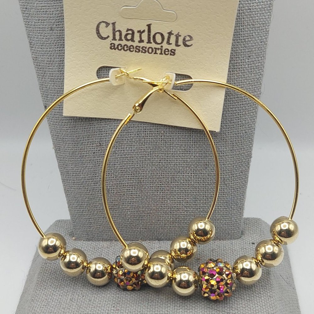 Gold Colored Sparkly Beaded Hoop Earrings